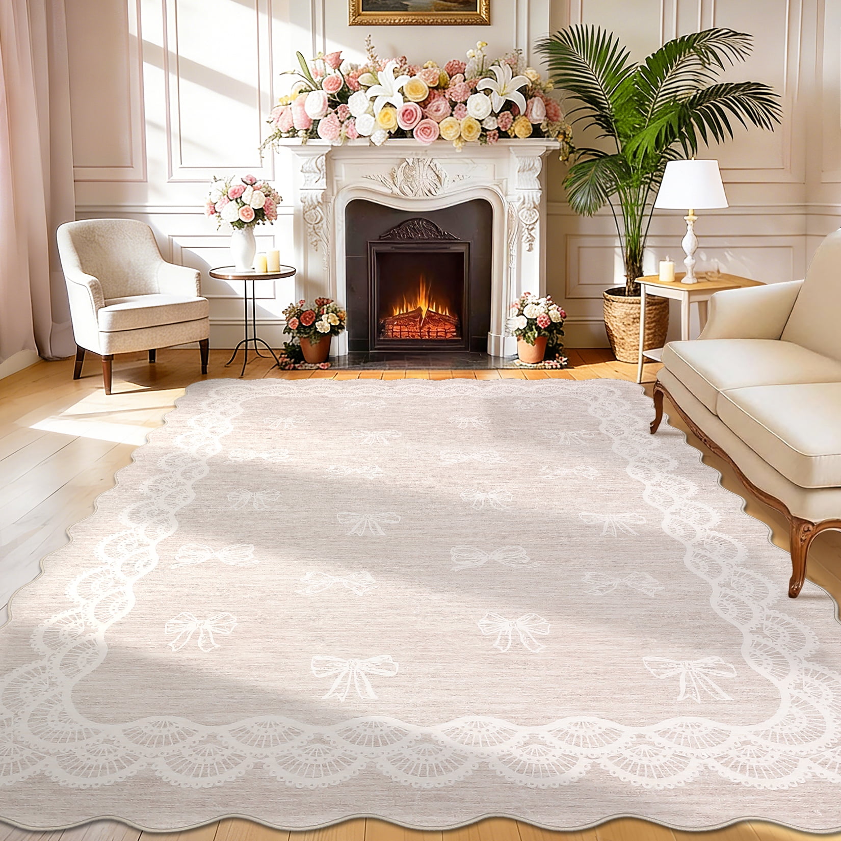 Garvee 9x12 Wave Border Area Rug Coquette Bow Pattern Carpet, Machine Washable Low Pile Rug with Non-Slip Backing for Living Room Bedroom Home Office, Beige
