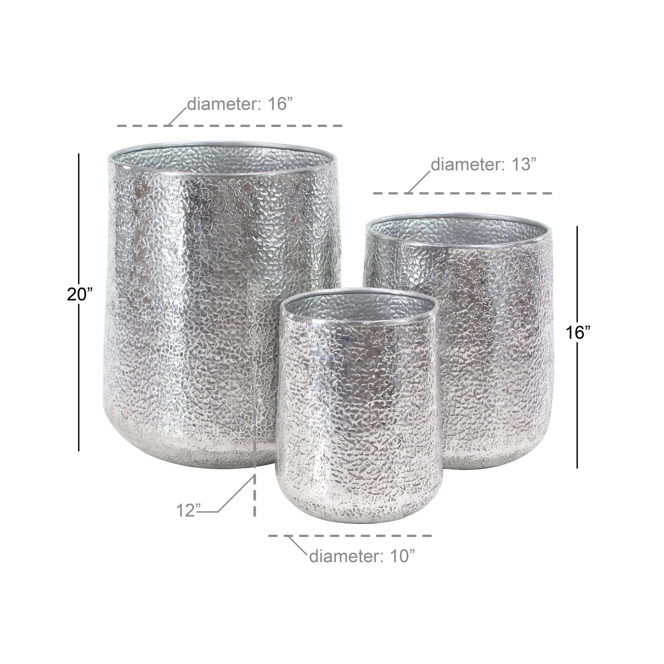 DecMode 12", 16", 20"H Silver Aluminum Metal Planter with Hammered Design (3 Count)