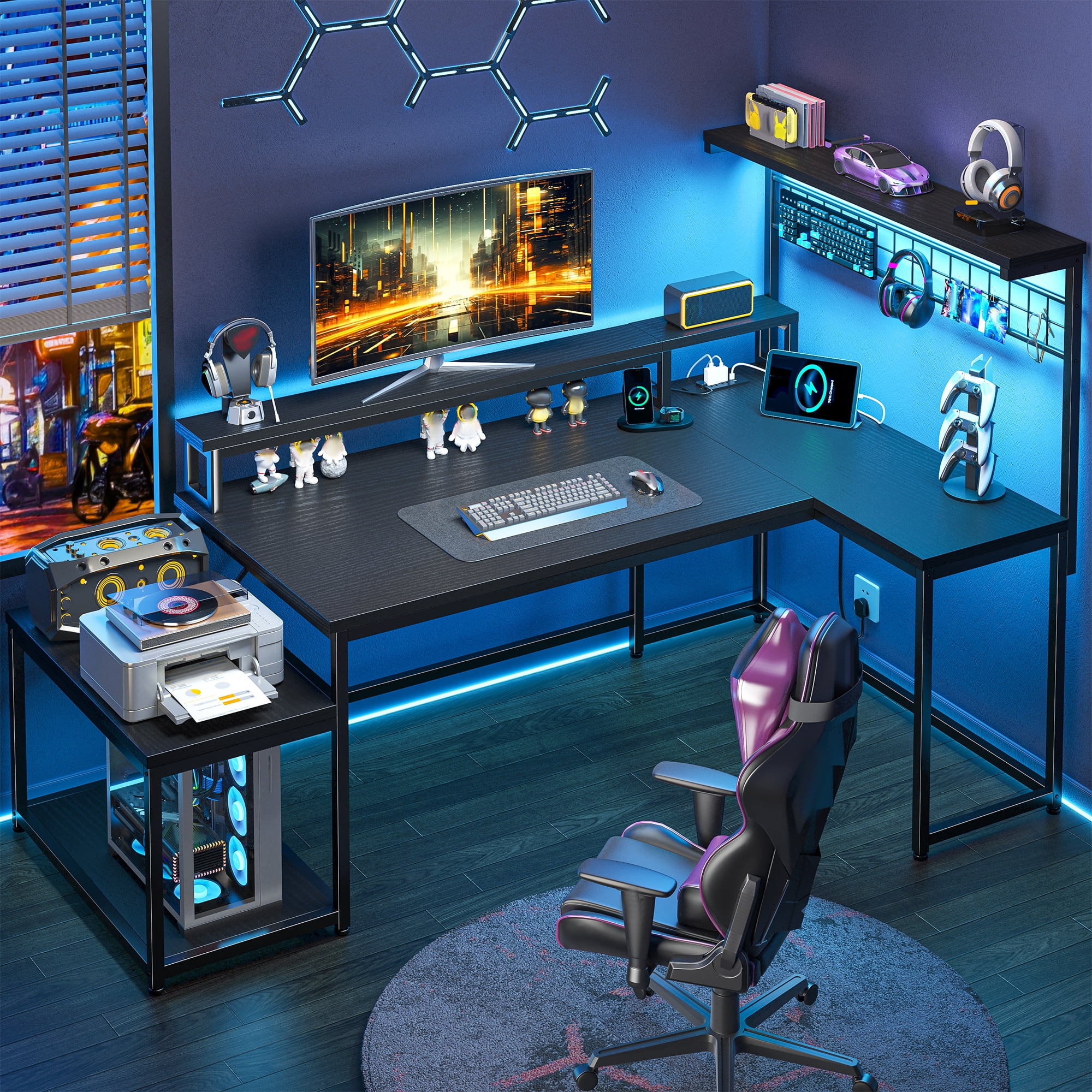 Romorgniz 55.6"W L Shaped Computer Desk with LED Lights & Power Outlets, Gaming Desk with Monitor Stand, Printer Stand & Storage Shelves for Home Office, Black
