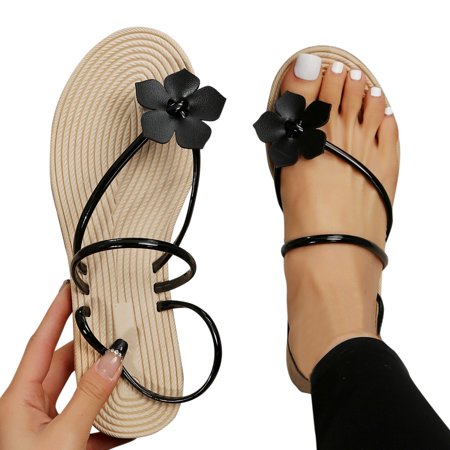 

ZIZOCWA Summer Beach Slippers Women Flower Clip Toe Sandals Flat Strap Casual Home Sandals Flip Flops Beach Slippers Zapatos Mujer Black Size7