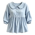 thumbnail image 4 of BODOAO Women's 2026 Gingham Peplum Blouse, 3/4 Puff Sleeve Button Down Shirt, Lightweight Breathable Loose Fit Cute Casual Top for Summer Fall Daily Wear Outfits Blue L, 4 of 4
