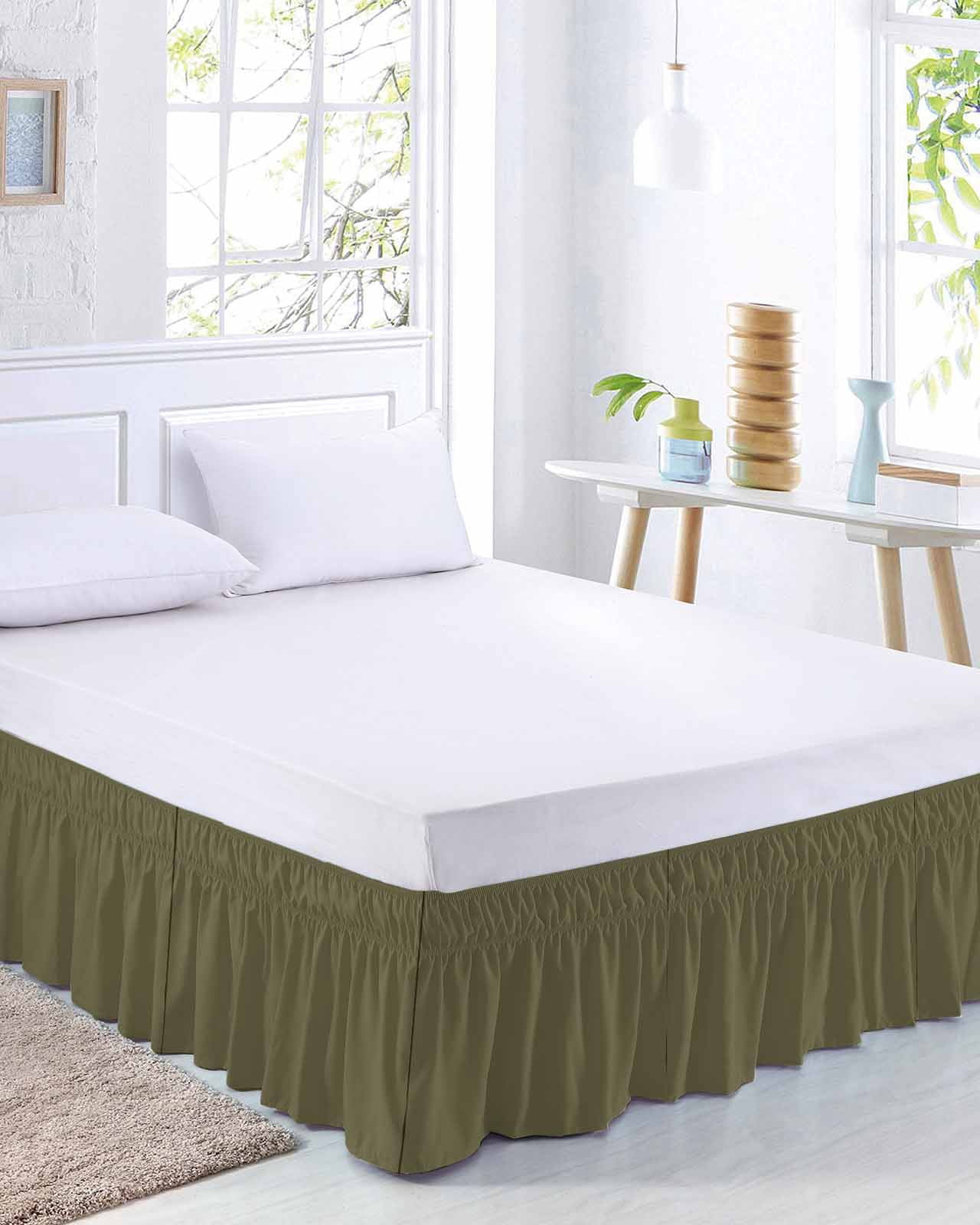 Sage Green Bed Skirt Queen Size, Brown Solid Color Simple Abstract Wrap Around Bed Skirting with Adjustable Elastic Strap, Dust Ruffle Pleated Bedskirts 18 Inch Drop for Bedroom Queen Beds