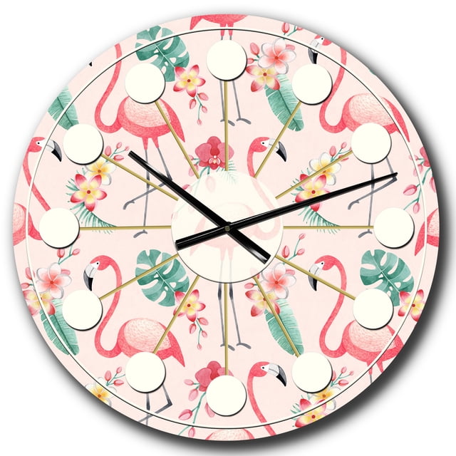 Designart 'Tropical Botanicals, Flowers And Flamingo Ii Mid-Century Modern Wall Clock