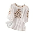 thumbnail image 3 of Dazajoo Womens Linen Embroidered Tops 3/4 Sleeve Boho Ethnic Style Peasant Tee Dressy Casual Round Neck Vintage Shirts,White,XL, 3 of 7