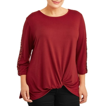 Como Blu Women’s Plus Size 3/4 Sleeve Sequin Sleeve Twist Top