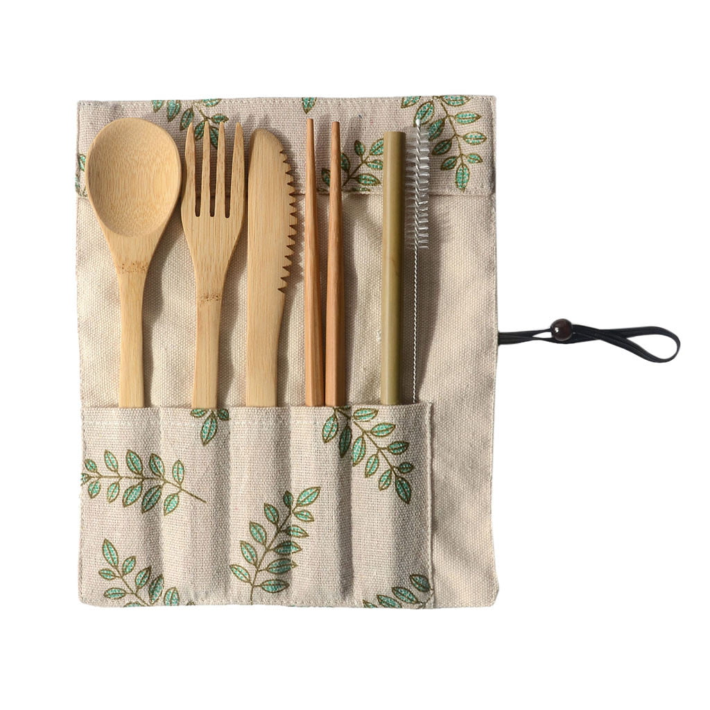 Portable Bamboo Cutlery Travel Eco-friendly Fork Spoon Set Include Reusable Bamb 