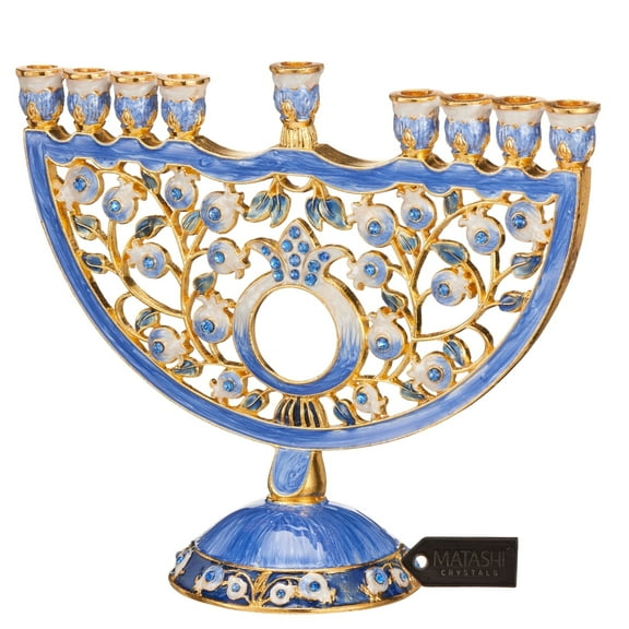 Matashi Hand Painted Blue Enamel Pomegranate Design Menorah Candelabra w/ Gold Accents and Crystals Jewish Hanukkah