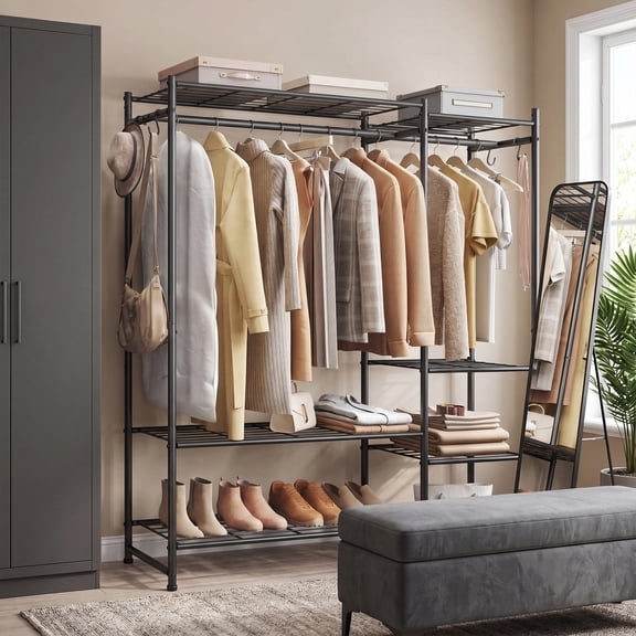 LEDREM Portable Closet Wardrobe, Heavy-Duty Metal Freestanding Closet System with 7 Shelves, 49.1 x 11.8 x 61.9 Inches, Black