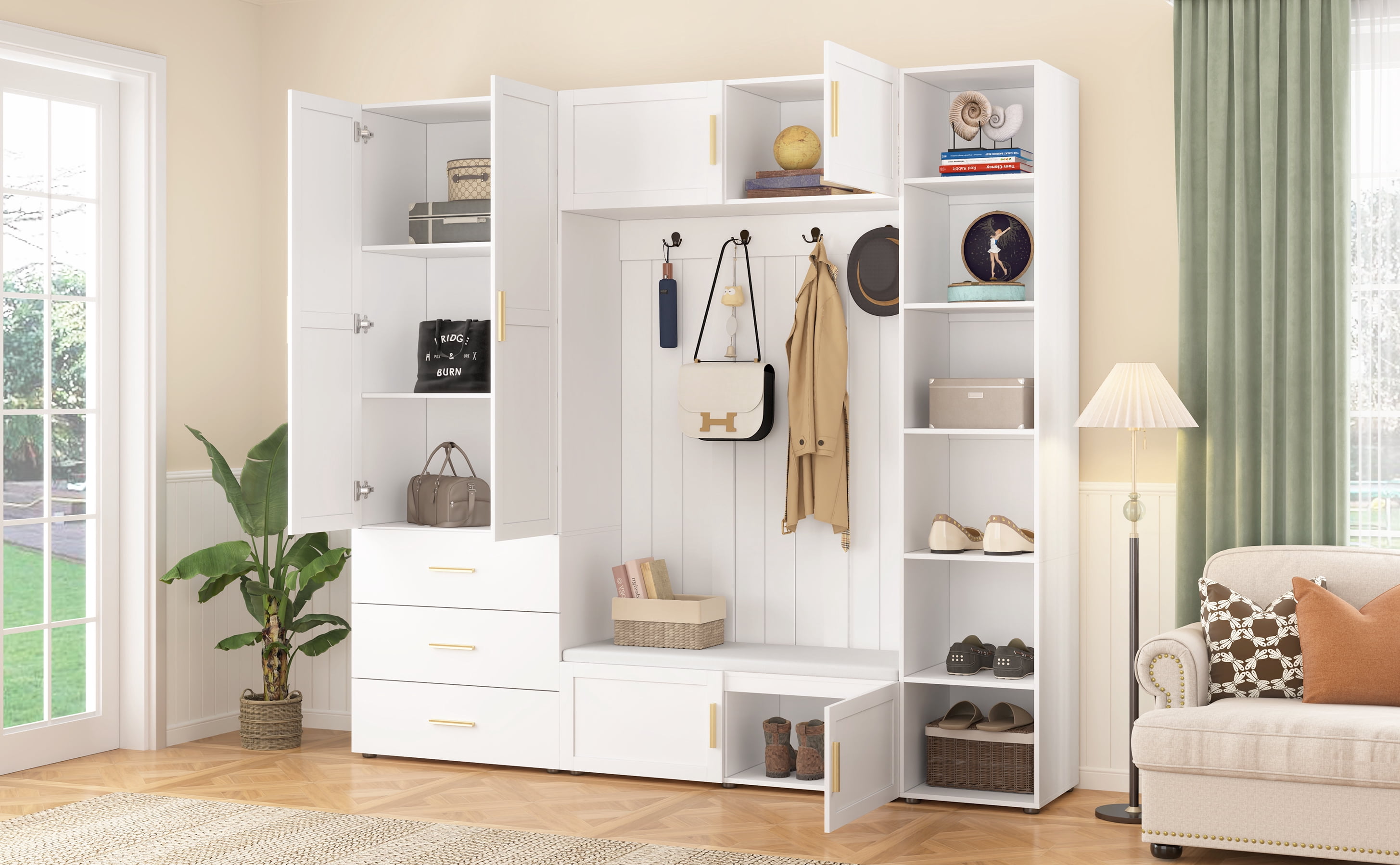 Mintazer 4‑in‑1 Hall Tree with Cushioned Shoe Bench & Hooks, Entryway Storage Organizer with Cabinets & Drawers, Adjustable Shelves for Mudroom Hallway, White