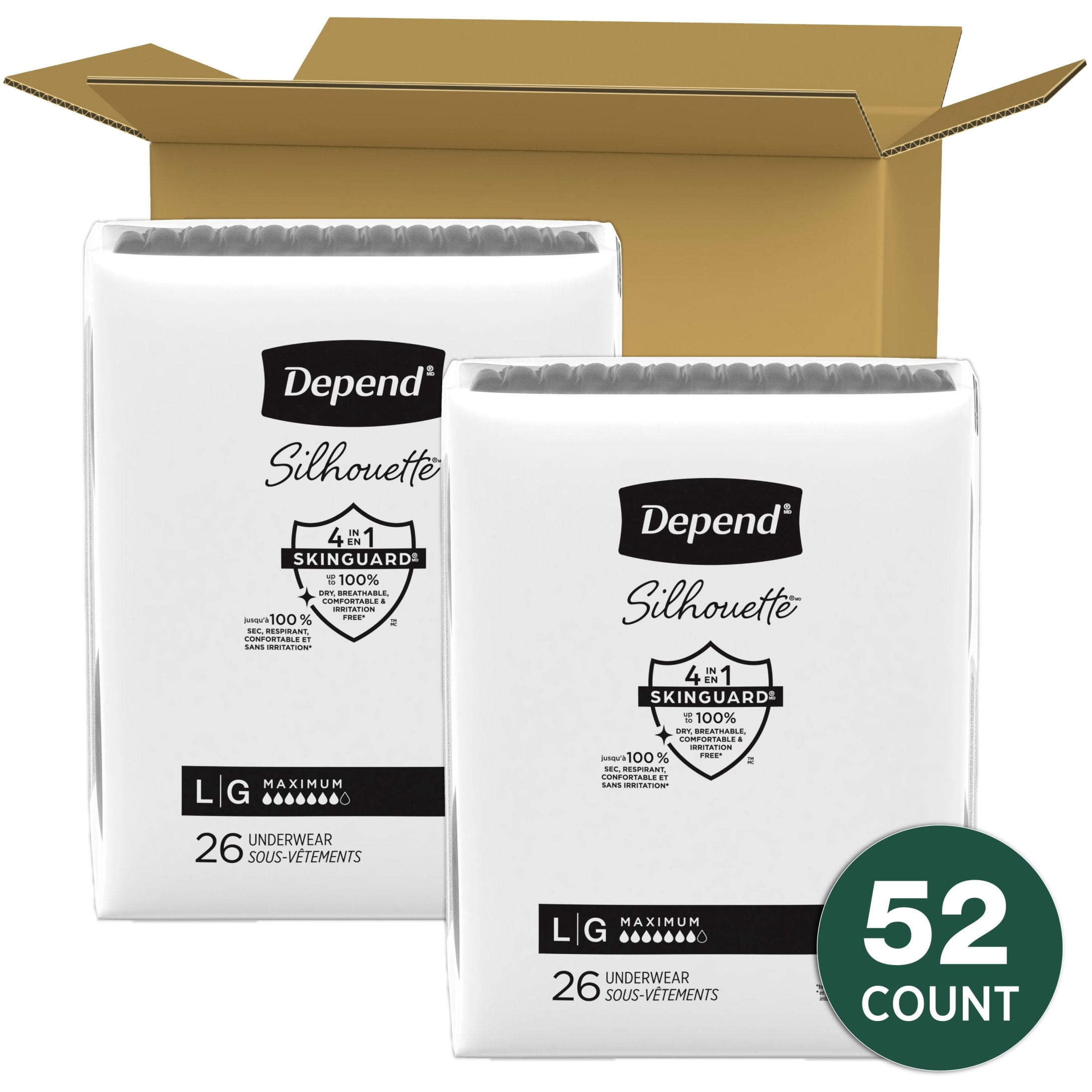 (2 pack) Depend Silhouette Women’s Incontinence & Postpartum Bladder Leak Underwear, L, 52 Count