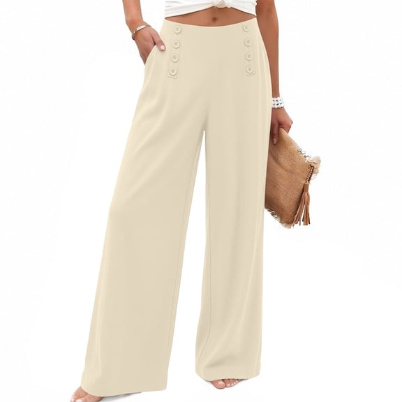 ClodeEU Women's High Waisted Wide Leg Dress Pants, Elastic Waist Flowy Trousers with Pockets, Casual Workwear Beige,Women's Plus L