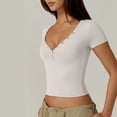 thumbnail image 3 of Women's Double Lined Buttoned Slim Crop Top Short Sleeve Top White Small, 3 of 5