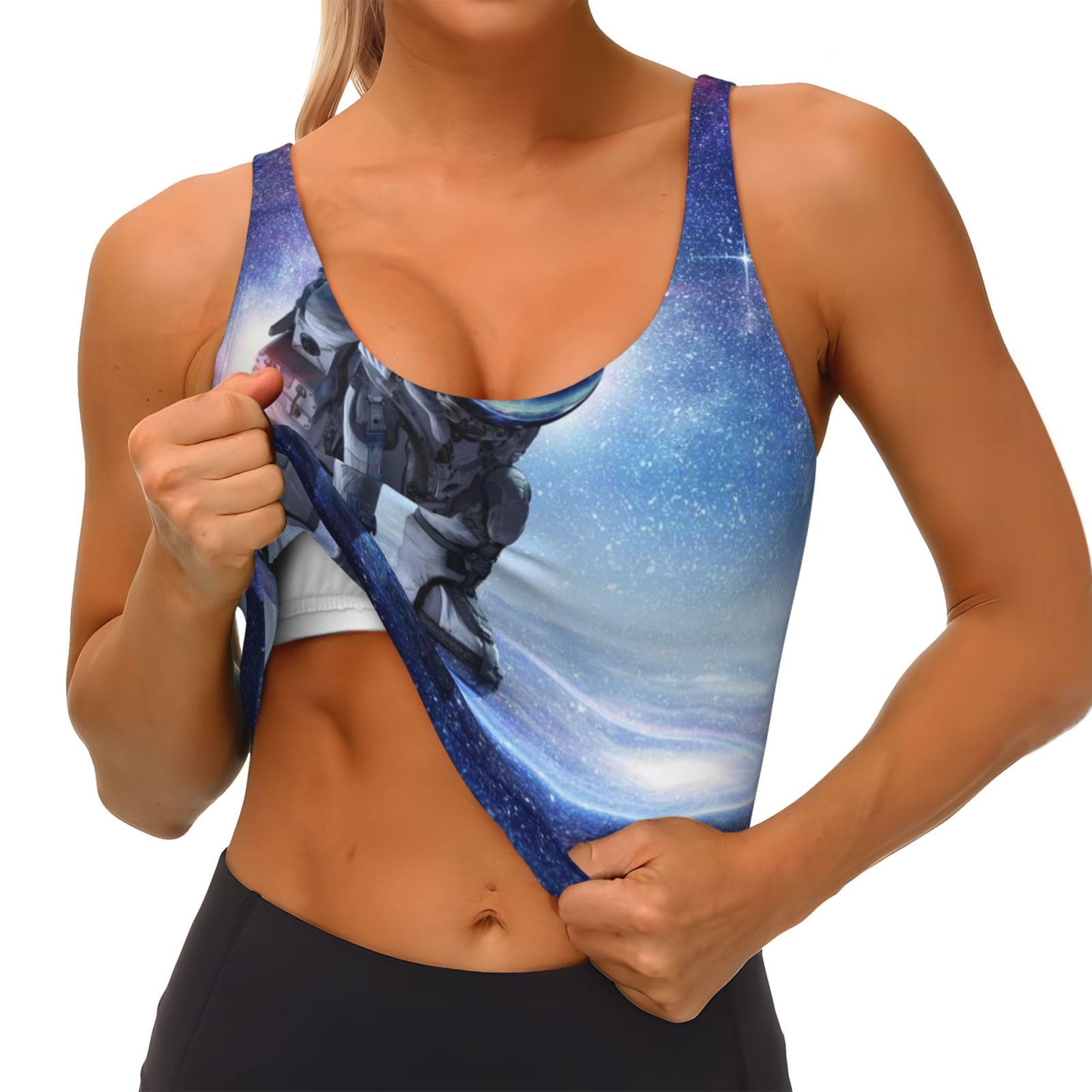 Hirioo Astronauts Start Running for Women's Sports Vest with Full-Print Design, Stretchy Fabric and Removable Pads-Medium