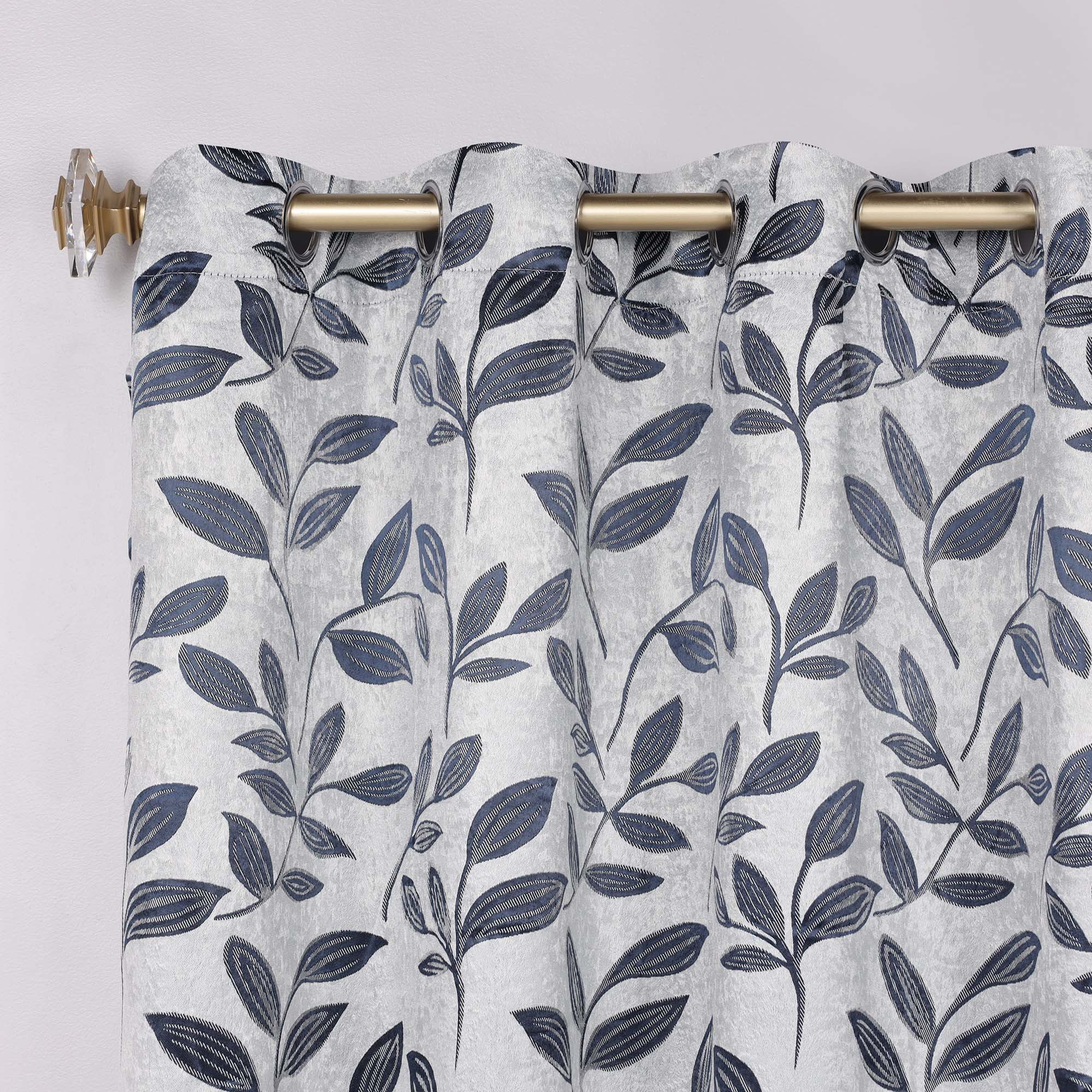Superior Blackout Leaves Curtains Set of 2, Light Filtering Grommet Curtain Panel Set, White-Navy Blue, 52"W x 96"L