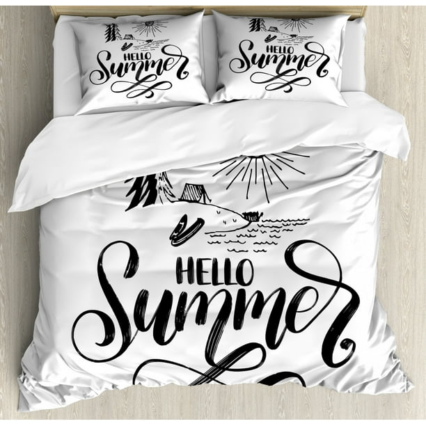 Hello Summer Duvet Cover Set Monochrome Hand Lettering Vacation And Camping Theme Pine Trees Decorative Bedding Set With Pillow Shams Charcoal Grey And White By Ambesonne Walmart Com Walmart Com
