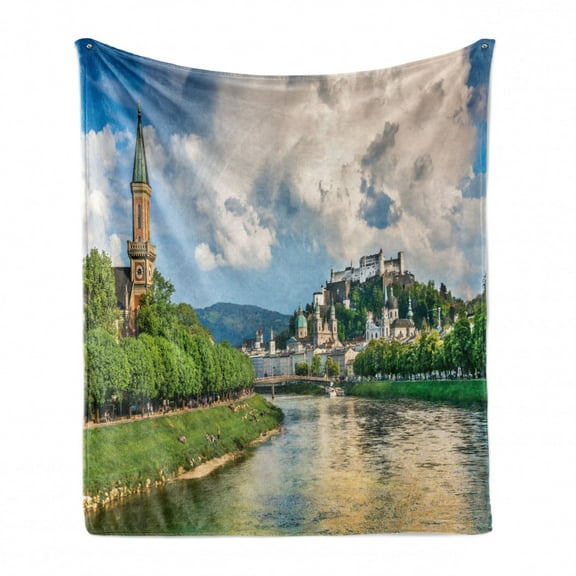 European Soft Flannel Fleece Throw Blanket, Historic Print European of Salzburg Land with Cloudy Sky and River in Austria, Cozy Plush for Indoor and Outdoor Use, 50" x 60", Multicolor, by Ambesonne