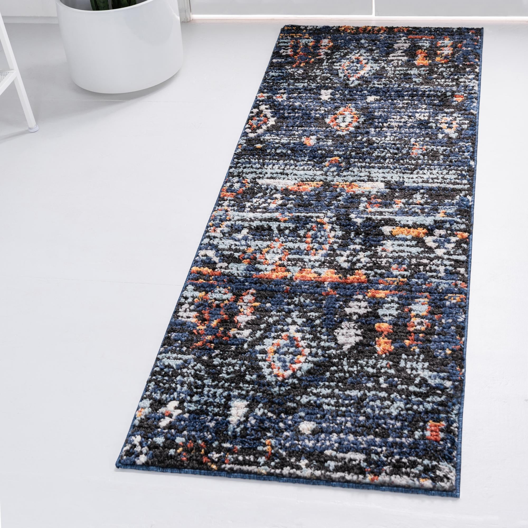 Morocco Collection Rug 6 Ft Runner Navy Blue HighPile Rug