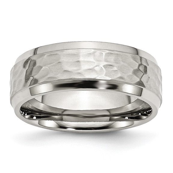 Auriga Stainless Steel Brushed Polished and Hammered 8 mm Beveled Edge Band for Women Size 10