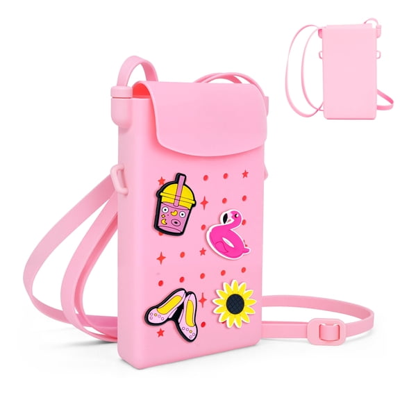 Silicone Crossbody Phone Bag with Adjustable Strap, Magnetic Closure, and Charm Holes – Lightweight, Waterproof, and Stylish Everyday Shoulder Bag(Pink)