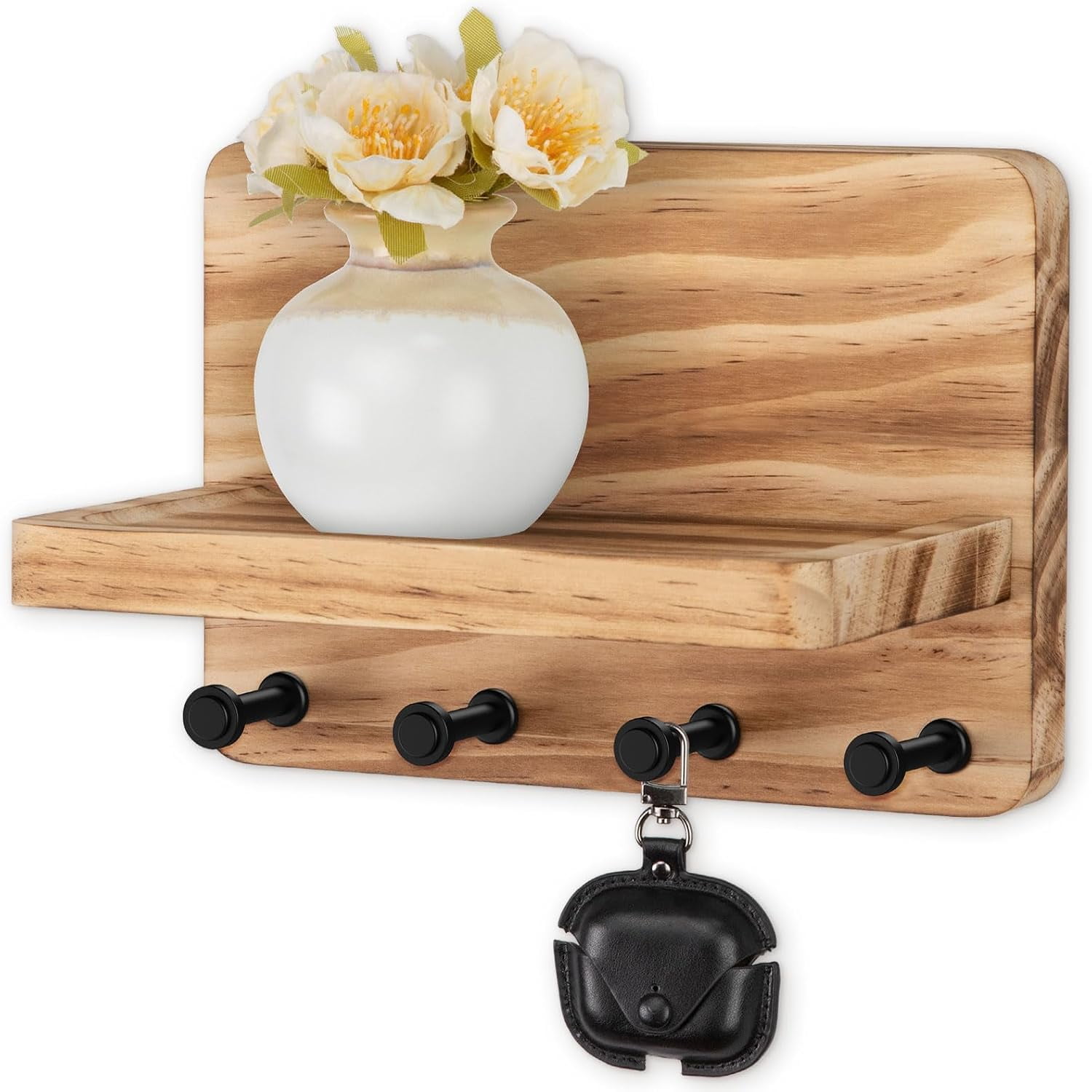 Key Holder for Wall with Shelf Pine Wooden Key Hanger Wood | Small Wall Mounted Key Holder with 4 Hooks Farmhouse Wall Organizer for Home Entryway & Apartment
