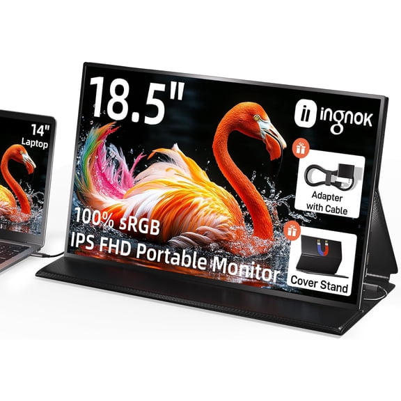 Restored Ingnok Portable Monitor, 18.5 Inch FHD 1080P 100% sRGB Laptop Screen Extender USB C HDMI Portable Gaming Monitor w/Smart Cover & Speakers, External Monitor for Laptop Mac PC