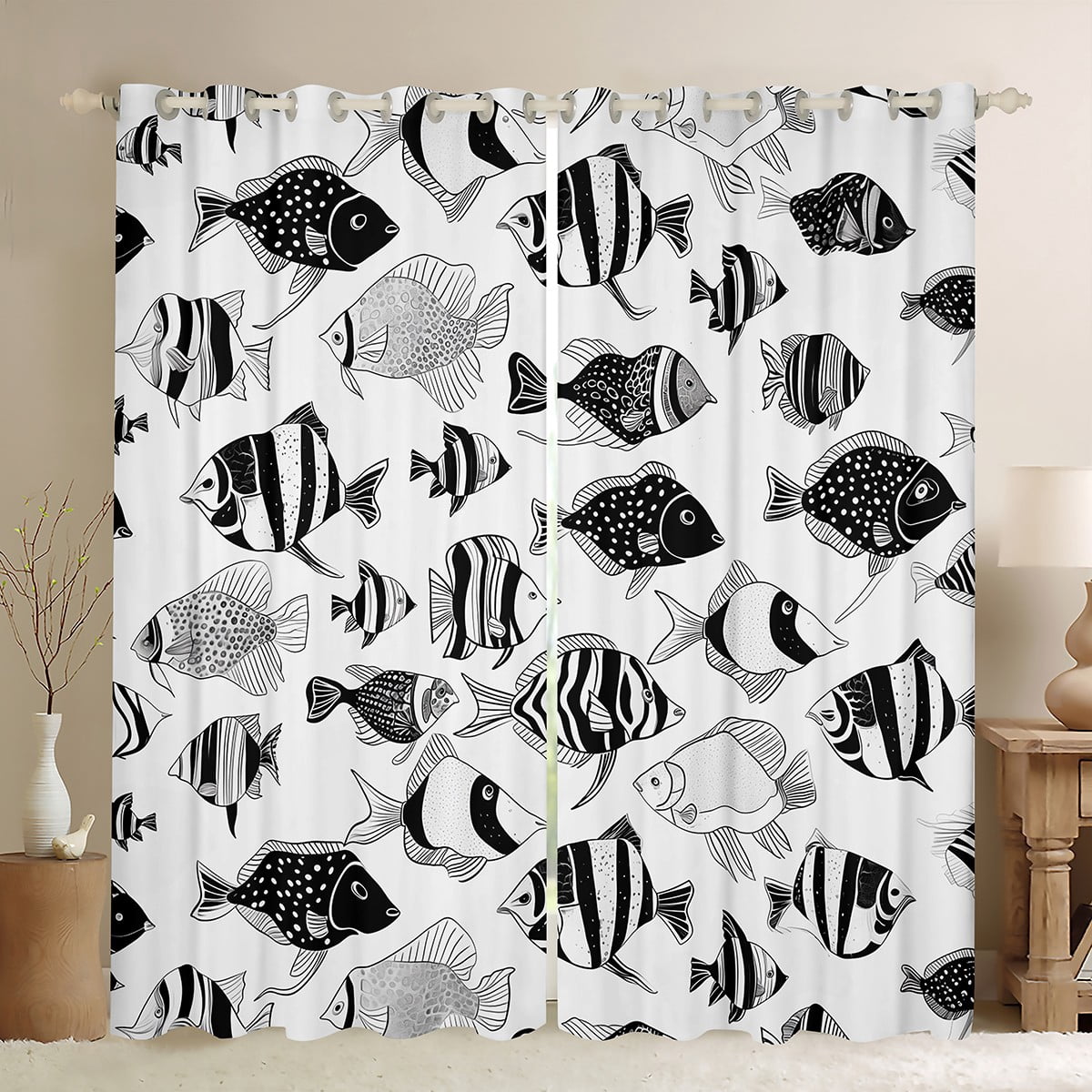 Feelyou Nautical Anchor Curtains For Bedroom - 2 Panels, 42 X 90 Inch, 30-50% Blackout, Blue & Black Ocean Theme