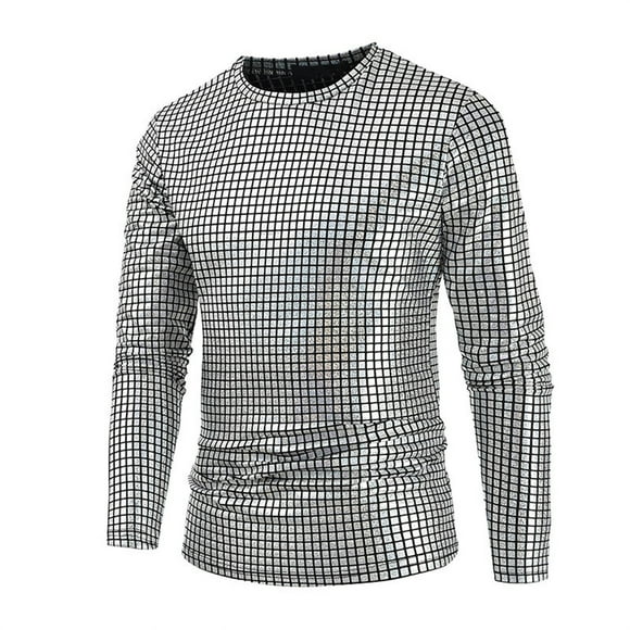 LUOGENLI Male T-shirts for Mens Mens 70S Disco Party Gold Silver Rainbow Plaid Sequins Print Long Sleeve Shirt T-shirts for Men Graphic Tee St. Patrick's Day Silver S