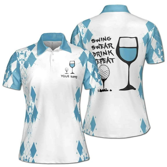Custom Name Swing Swear Drink Repeat Golf & Wine Women 3D Polo Shirt Size S-5XL