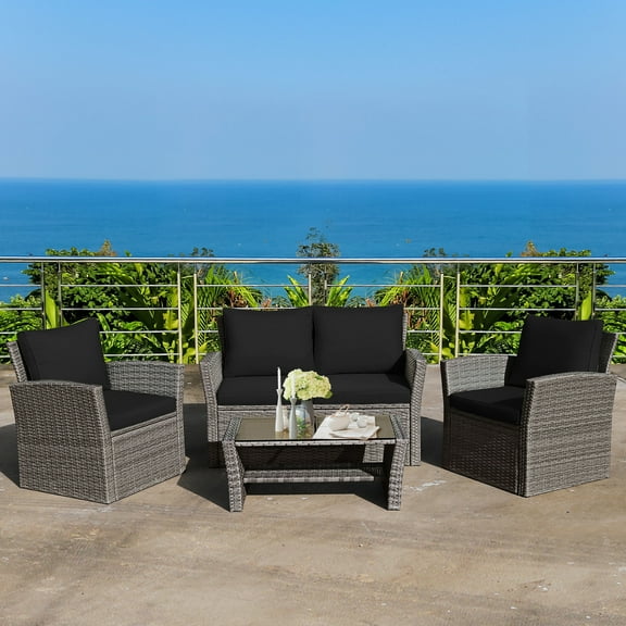 Costway 4 Piece Rattan Outdoor Patio Dining Set, Gray/Black