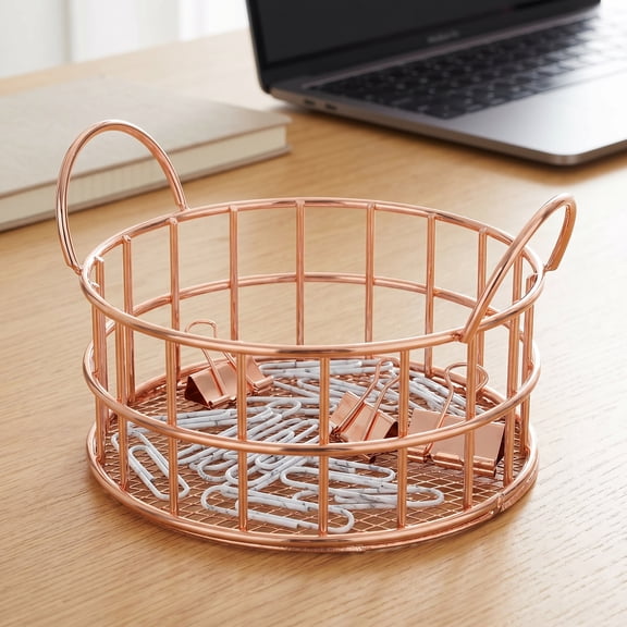 BESTYASH Gold Wire Baskets Storage Round Basket Stainless Steel Cosmetic Storage Office 1Pack