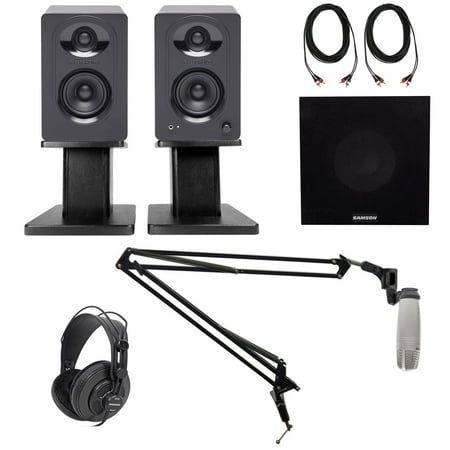 Samson M30 3" Podcasting Podcast Recording Monitors+Stands+Sub+Headphones+Mic