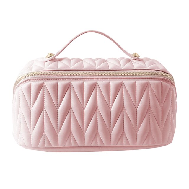 Neceser organizador de maquillaje con cremallera, divisor y asa, artículos esenciales de viaje Rosa