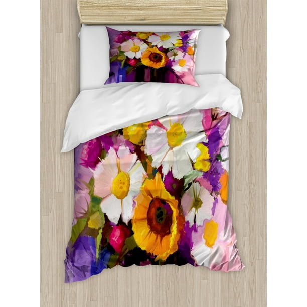 Gerber Daisy Duvet Cover Set Hand Painted Floral Gerbera Daisy Sunflower And Green Leaf Bouquet Still Life Decorative Bedding Set With Pillow Shams Multicolor By Ambesonne Walmart Com Walmart Com