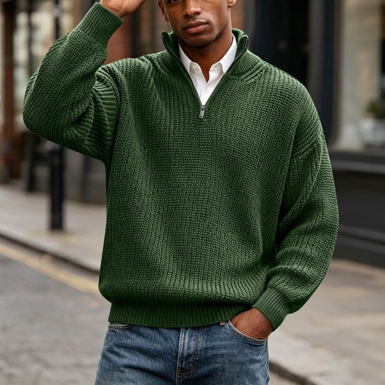 WIZUTIZ Men's Half Zip Sweater Stand Collar Solid Color Long