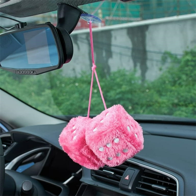 1 Pair Furry Dice Car Hanging Happon Pink Retro Hanging Dice for Car Mirror Hanging Couple Fuzzy Plush Dice with Dots for Car Interior Ornament