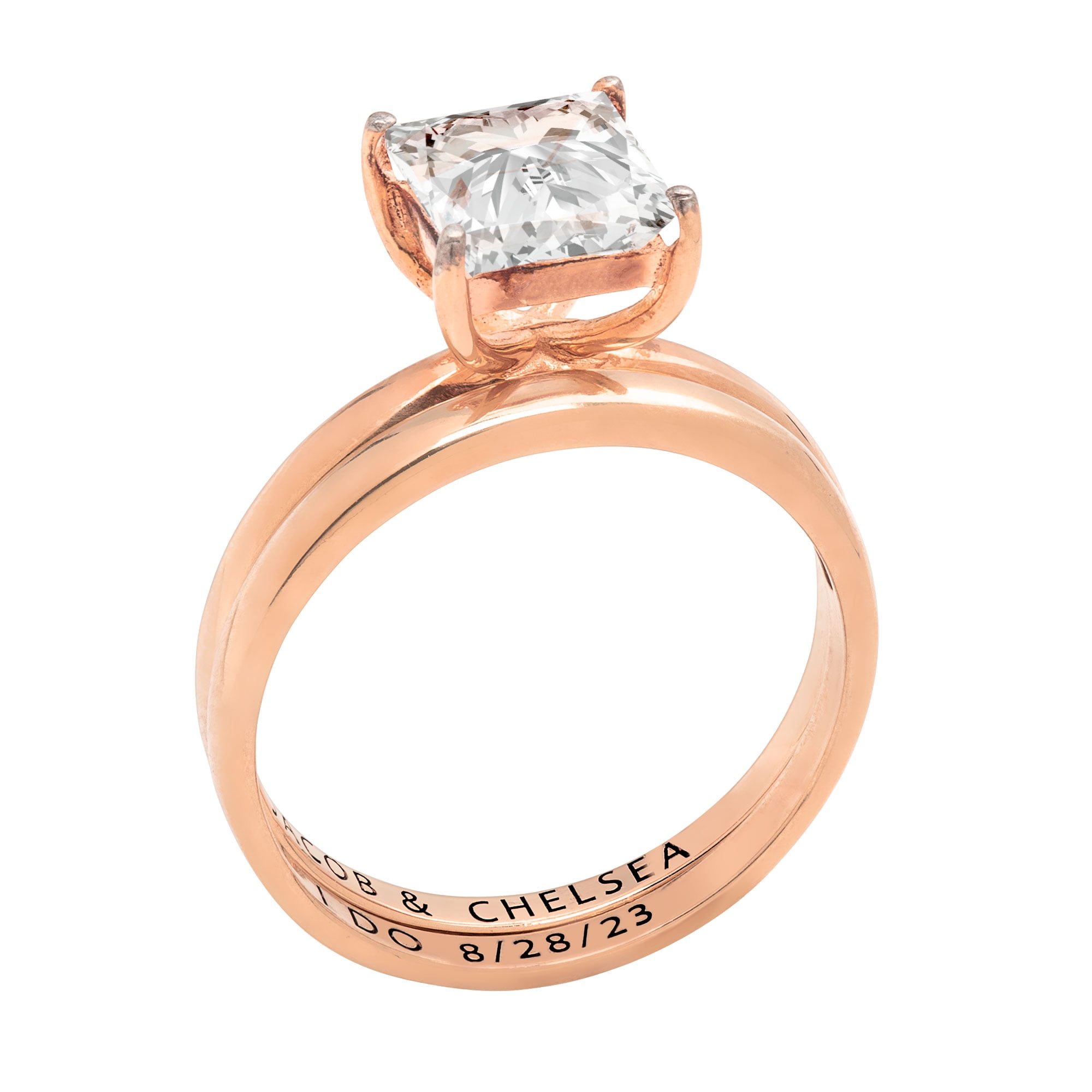 Vow & Forever Personalized Planet Bridal 14K Rose Gold over Sterling Silver Square White Topaz 2-Piece Engraved Wedding Ring Set ,Women's