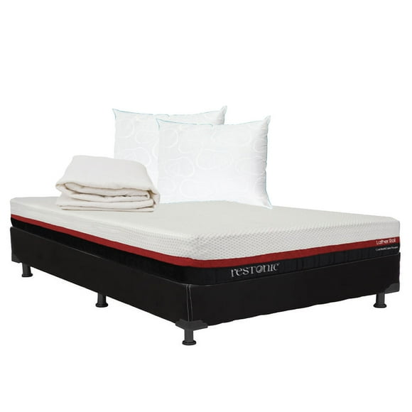 Colchón Queen Size + Box + Protector de Colchón + Almohadas Restonic Lather