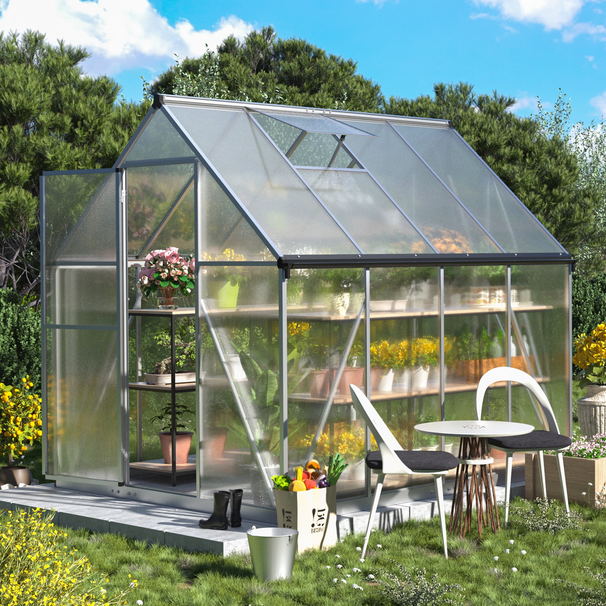 Jaxpety 6'x 8' Walk-in Polycarbonate Greenhouse with Aluminum Frame Lockable Doors Opening Windown, Outdoor Greenhouse,Silver