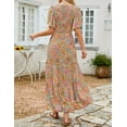 thumbnail image 3 of Women's 2024 Summer Casual Floral Print Short Flutter Sleeve Crew Neck Smocked High Waist Flowy Maxi Dress, 3 of 6