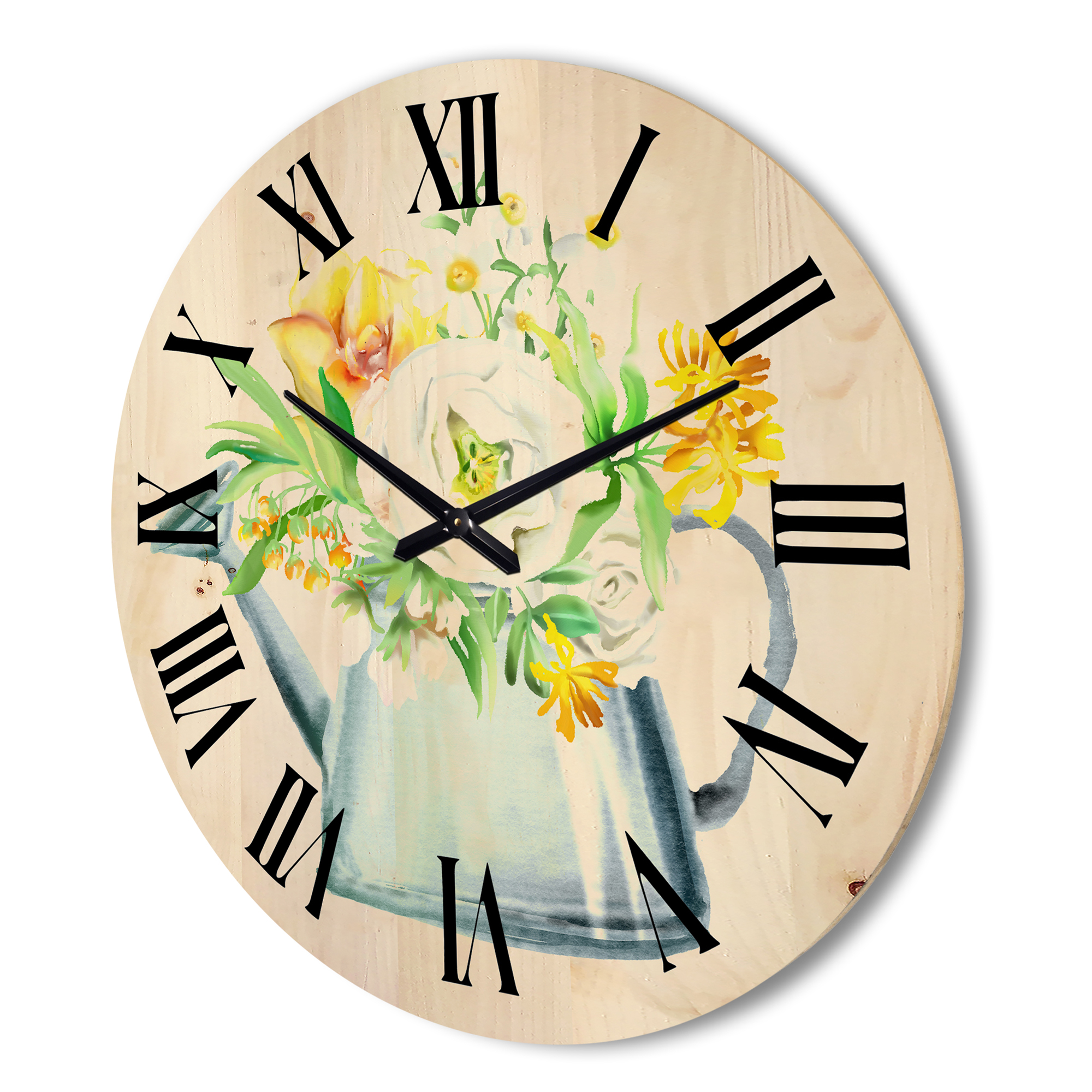 Designart 'Marigolds Roses and Peonies In Garden Watering Can' Farmhouse Wood Wall Clock