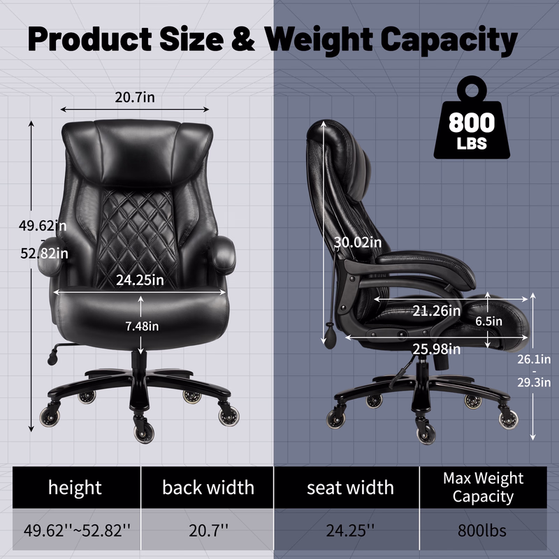 thumbnail image 3 of Qusaphy 800LBS Big and Tall Executive Office Chair, PU Leather Ergonomic Desk Chair with Adjustable Backrest and Thick Padded Cushion, Heavy Duty Chair for Home or Office Black, 3 of 10