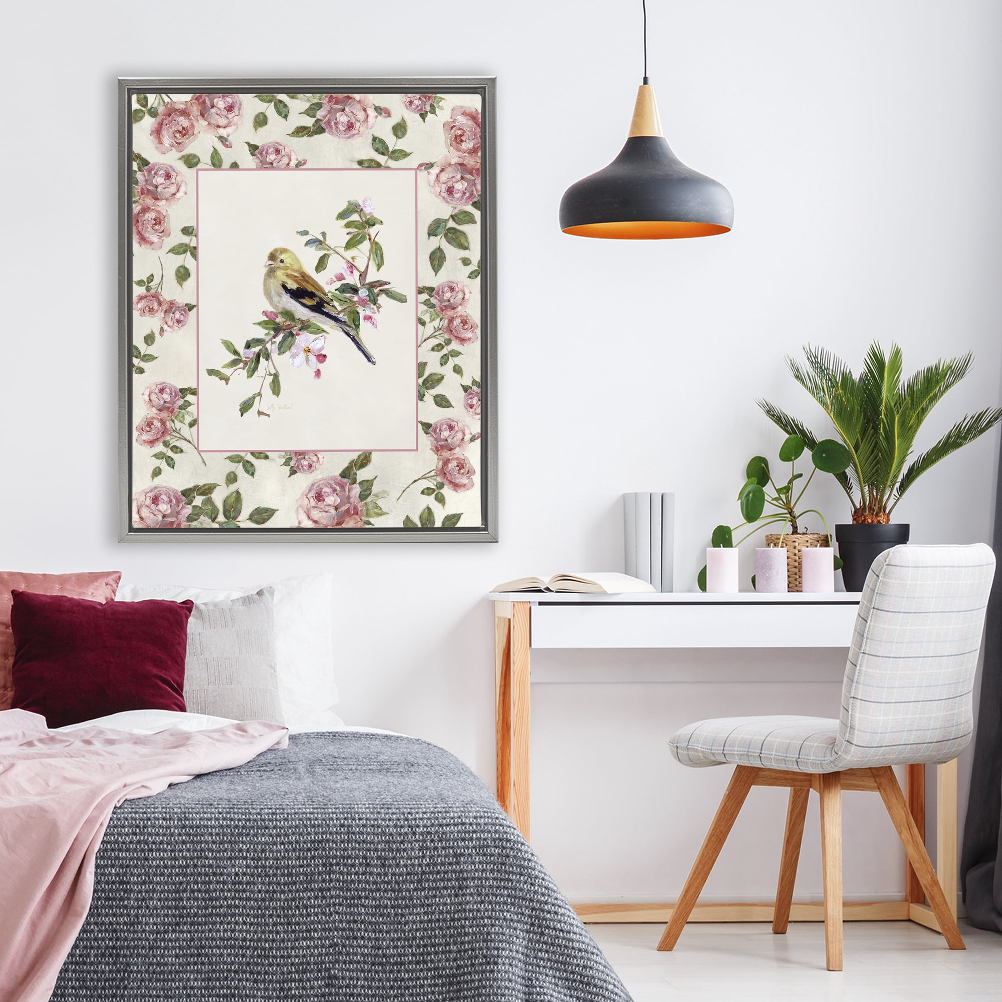 Stupell Industries Perched Bird with Dainty Roses Gray Framed Floater Canvas Wall Art, design by Sally Swatland