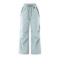 thumbnail image 4 of CLOISE Women's Cargo Pants with Pockets Drawstring Waterproof Mid Waist Straight Leg Long Pants Elastic Waist Solid Baggy Vacation Outfits Light Blue XL, 4 of 5