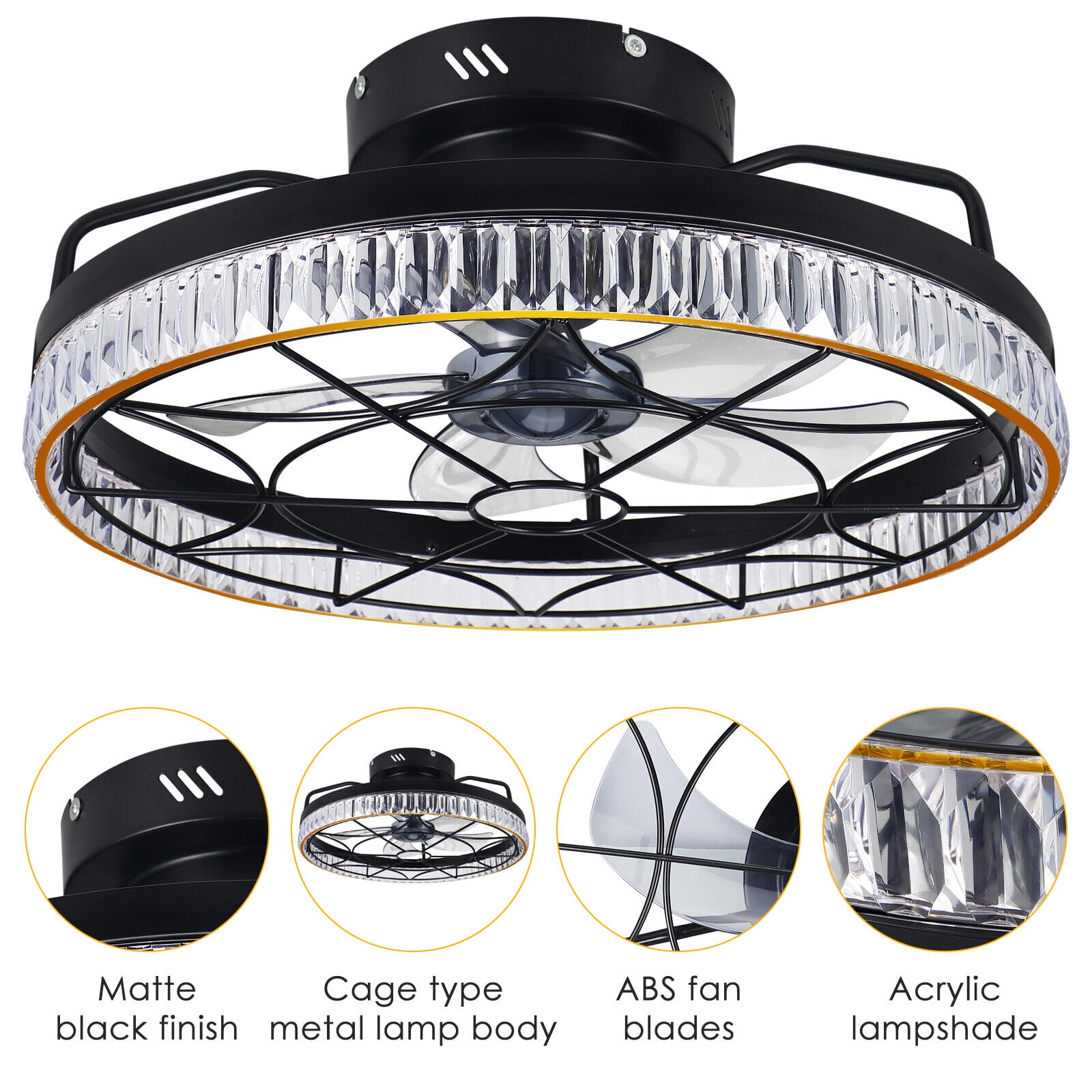 20" Small Caged Ceiling Fans with Lights and Remote & APP Control, Flush Mount Low Profile Ceiling Fan with Light, 5 Enclosed Blades, 6 Wind Speeds