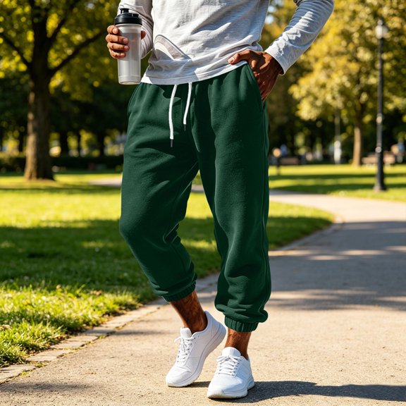 Men's Solid Color Cuffed Wide Leg Joggers Elastic High Waist Deep Side Pockets Soft Loose Cut for Daily Errands Weekend Trips Green S