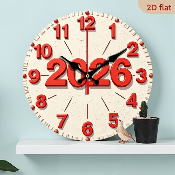 2D Flat 1pc Wooden2026themed Wall Clock Silent Decorative Clock, Creative Design, Suitable for Bedroom, Living Room, Office Decor, 10 Inches - Manufactured Wood, Round Shape, Swiss-Quartz Movement