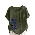 thumbnail image 2 of Teissuly Women Casual Cotton And Linen Top Ocean Fish Printed Short Sleeve Button Tunic T-shirt Blouse Tops, 2 of 4