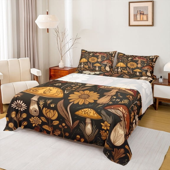 Erosebridal Groovy Flowers Sheet Set Queen Size, 70S Retro Floral Bed Sheets 80S 90S Hippie Flower Fitted Sheet Vintage Boho Psychedelic Mushrooms Top Sheet 3 Pieces With 2 Pillow Cases