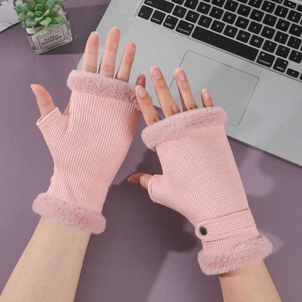 Guantes de terciopelo de medio dedo para mujer, de invierno, para oficina, para interior, con boca de piel, resistentes al frío, cálidos, de uso versátil