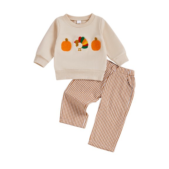 BemeyourBBs Thanksgiving Baby Boy Outfit Embroidery Pumpkin Sweatshirt Plaid Pants